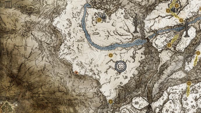 Map screenshot from Elden Ring showing the location of the enemy who drops the Larval Tear in the Consecrated Snowfield