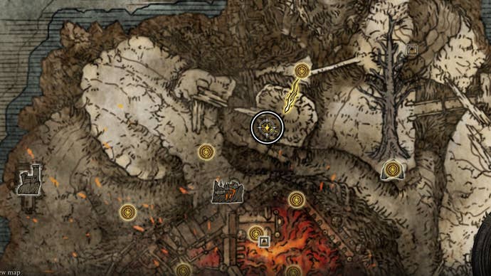 Map screenshot from Elden Ring showing the location of the enemy who drops the Larval Tear in Mt. Gelmir