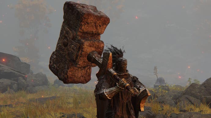 Character screenshot from Elden Ring wileding the Giant-Crusher hammer