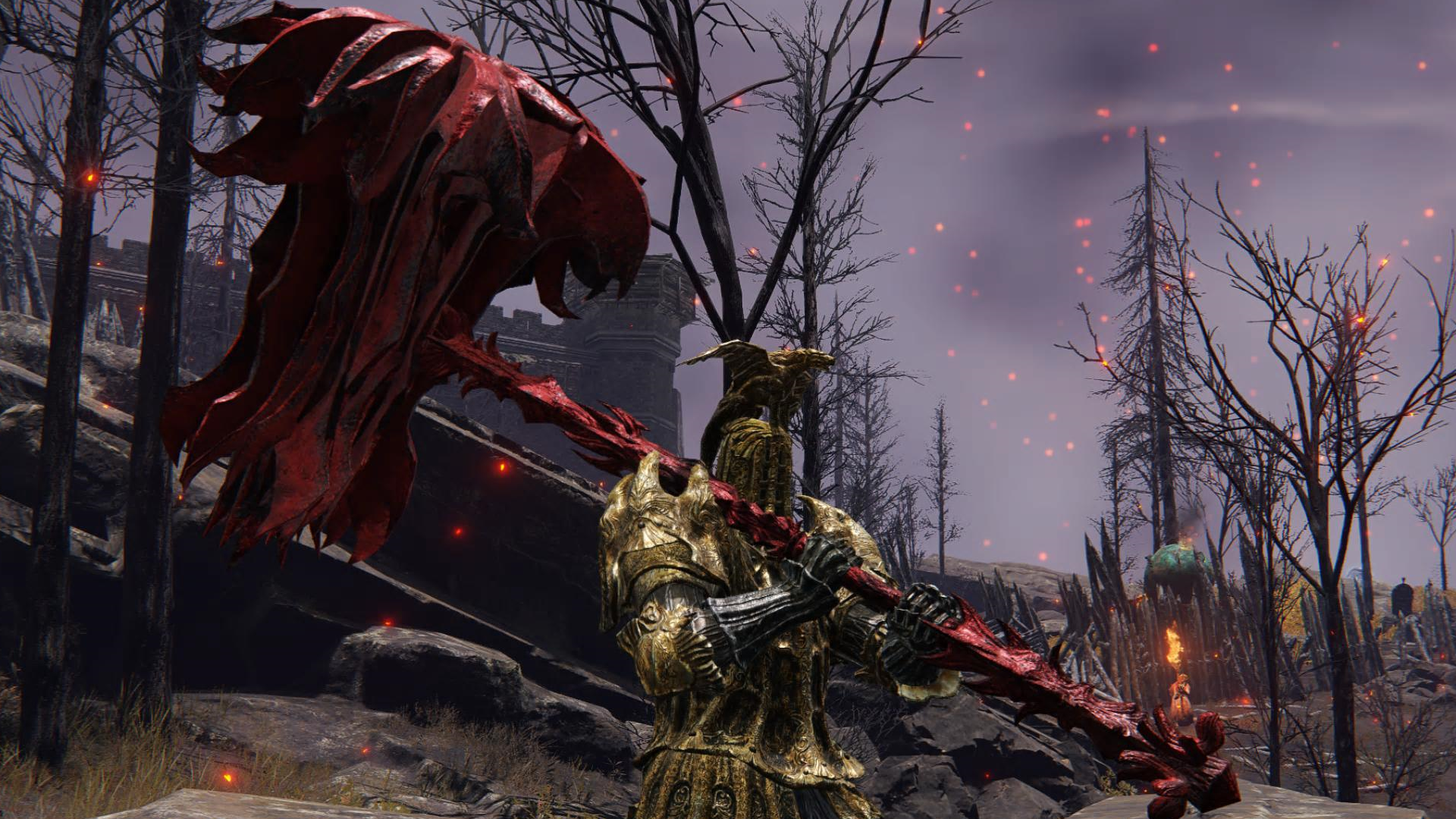Character screenshot from Elden Ring with the Plelate&rsquo;s Inferno Crozier colossal hammer