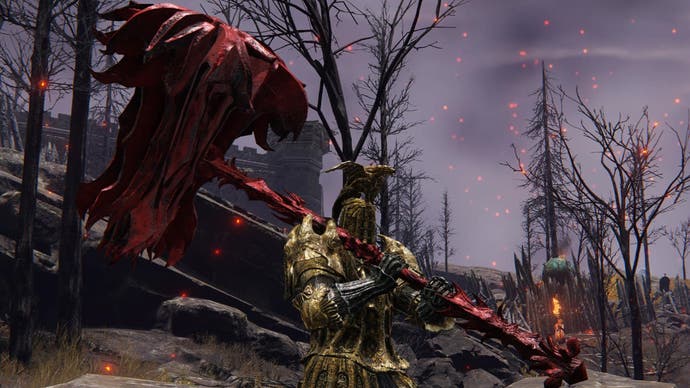 Character screenshot from Elden Ring with the Plelate's Inferno Crozier colossal hammer