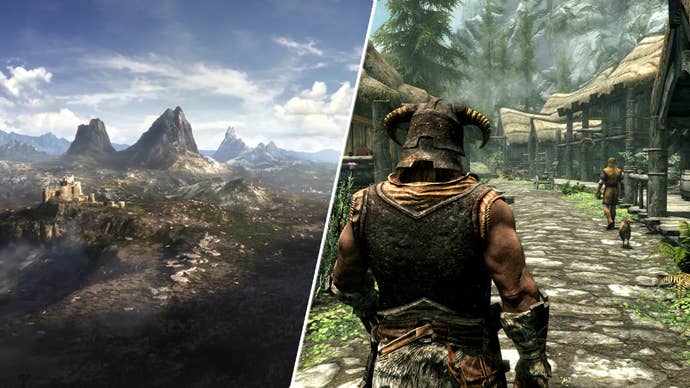 The landscape from The Elder Scrolls 6’s teaser and the Dragonborn in Skyrim.
