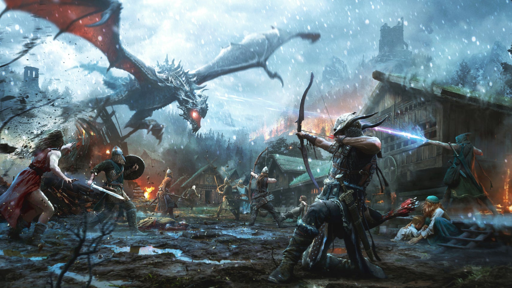 A number of adventurers fighting a dragon in key art from The Elder Scrolls: Legends. - 1