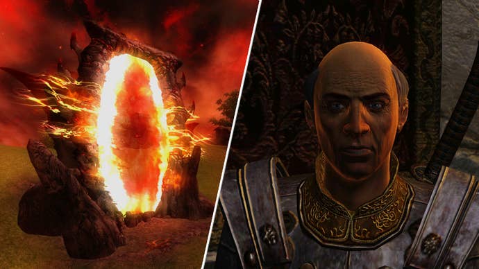 Jauffre in The Elder Scrolls 4: Oblivion opposite an Oblivion gate.