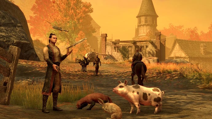 A man juggles knives in front of some pigs in the Gold Road chapter of The Elder Scrolls Online