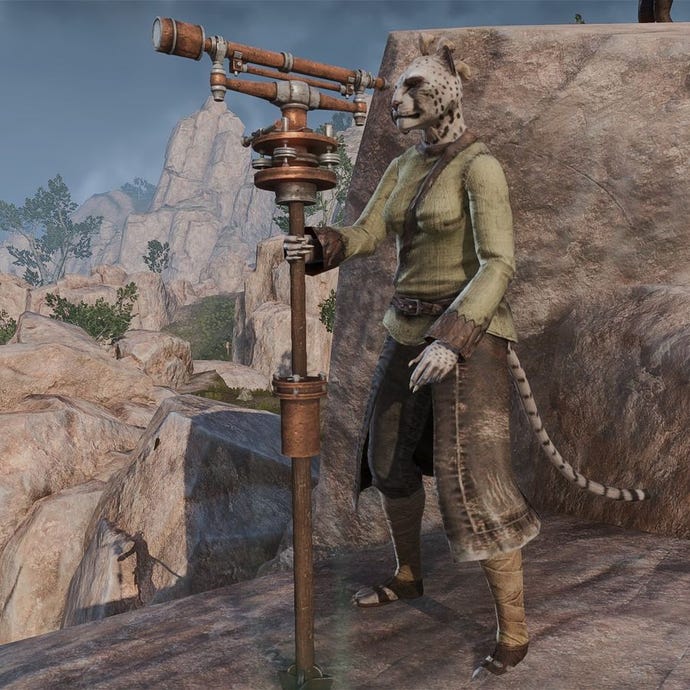 A cat-faced Khajiit character peering through a telescope in The Elder Scrolls Online.
