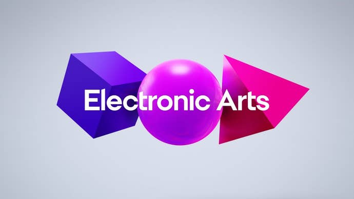 电子艺电公司标志前的"Electronic Arts"浮空方块、圆圈和三角形