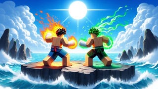 Artwork for the Roblox game Elemental Duels, showing two characters fighting.