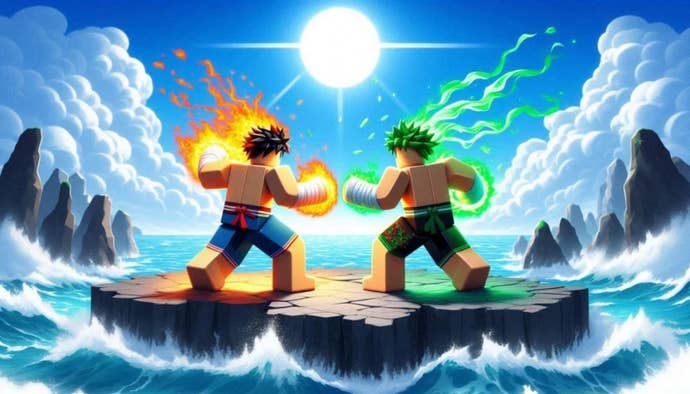 Artwork for the Roblox game Elemental Duels, showing two characters fighting.