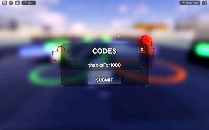 A screenshot from Elemental Duels in Roblox showing the game's codes screen.