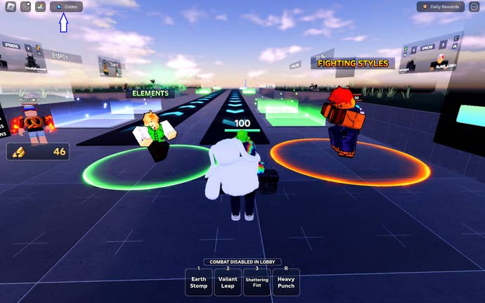A screenshot from Elemental Duels in Roblox showing the game's codes button.