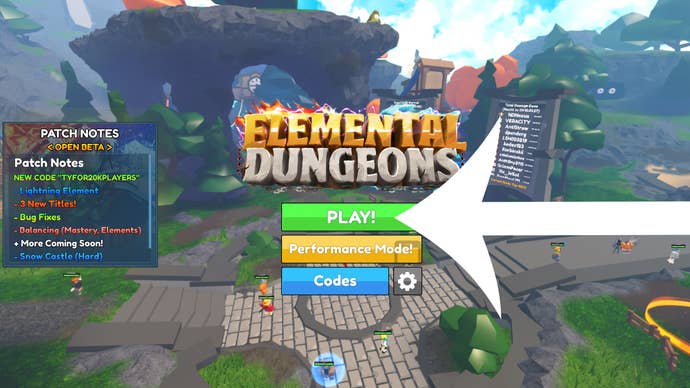 Arrow pointing at the codes button on the main menu of the Roblox game Elemental Dungeons.