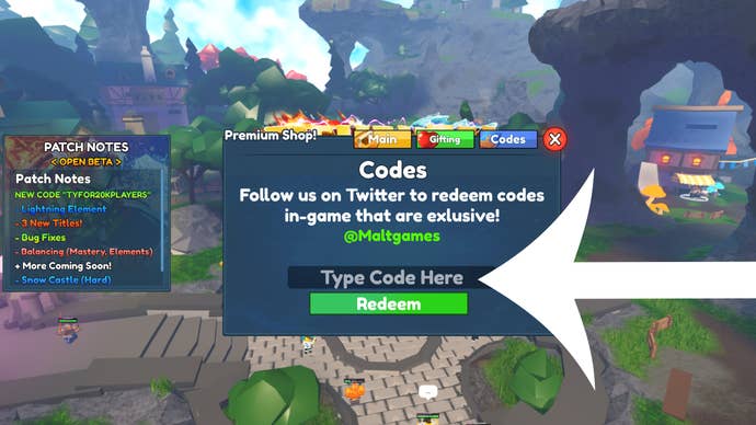 Arrow pointing at the codes menu in the Roblox game Elemental Dungeons.