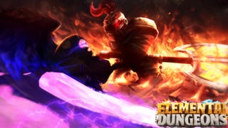 Artwork for Roblox game Elemental Dungeons showing a character wearing armor fighting an enemy, with magical effects surrounding them.