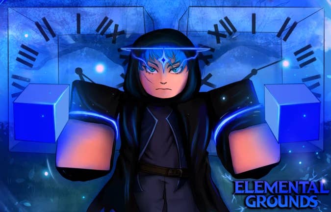Artwork for the Roblox game Elemental Grounds, showing one of the game’s fantasy-style characters.