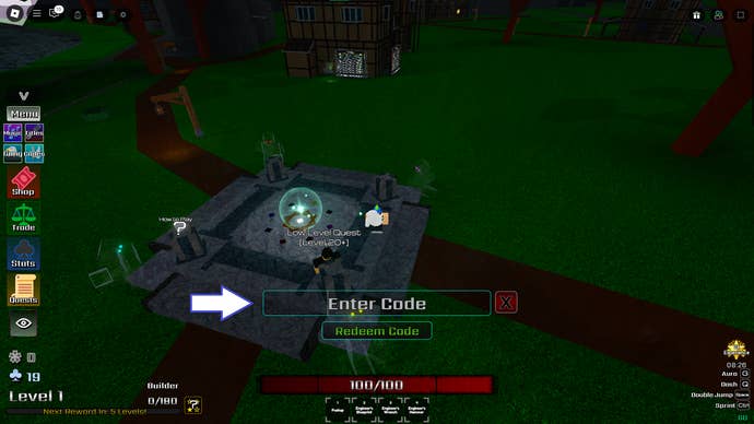 A screenshot of Elemental Grounds in Roblox showing the game’s codes field.
