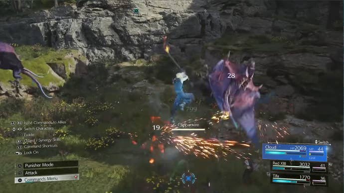 Cloud unleashes fire-infused sword strikes in Final Fantasy 7 Rebirth’s combat.