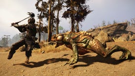 The player character hammering a frog lizard monster in Elex II