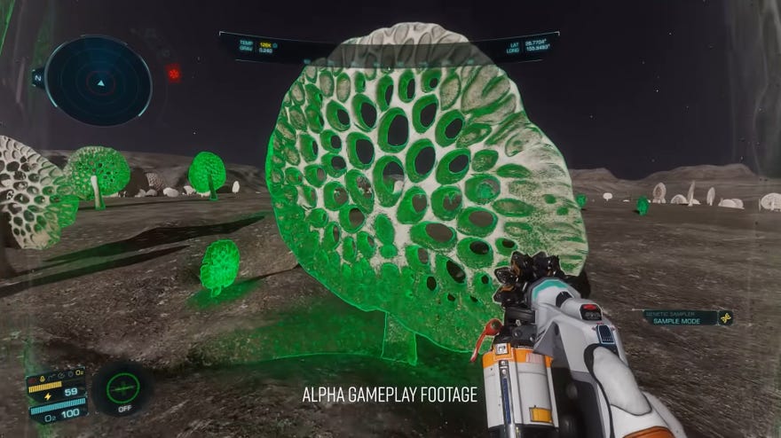 Elite Dangerous: Odyssey alpha footage - In first-person, a player holds a genetic sampling gun in the direction of a large surface flora while the scanner highlights it. The large species is taller than the player, a large disc shape with holes throughout.