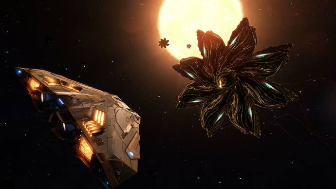 A spaceship commander pilots their vessel toward a Thargoid ship, silhouetted by a star.