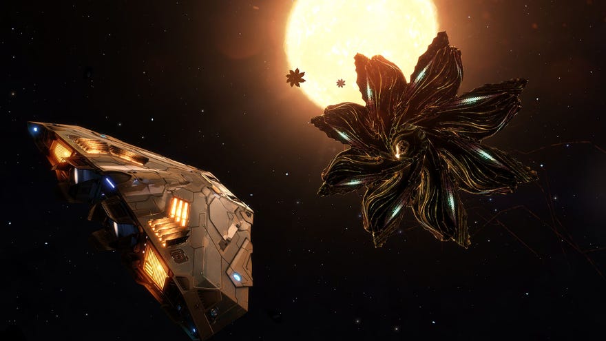 A spaceship commander pilots their vessel toward a Thargoid ship, silhouetted by a star.