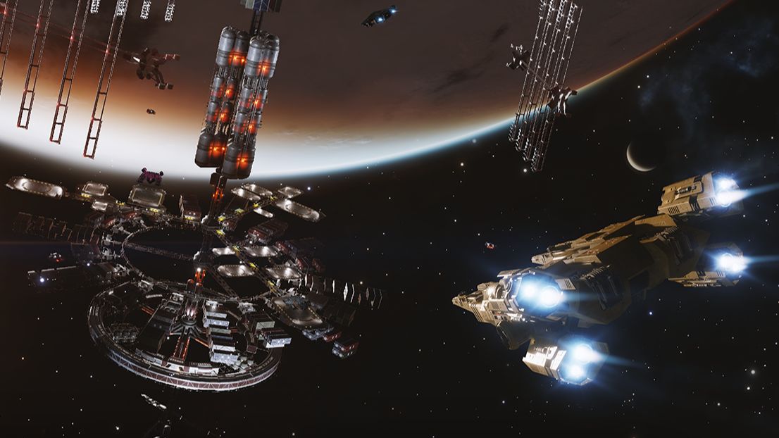 A spaceship with four thrusters flies towards a space station orbiting a glowing red planet. - 5