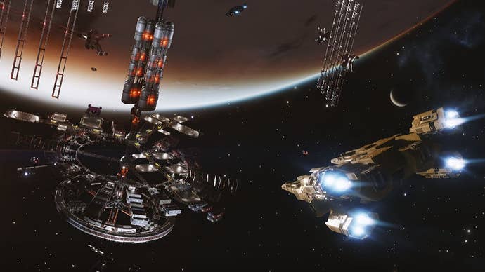 A spaceship with four thrusters flies towards a space station orbiting a glowing red planet.