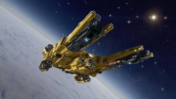 The Type-8 Transporter spaceship floats in orbit around a rocky planet.