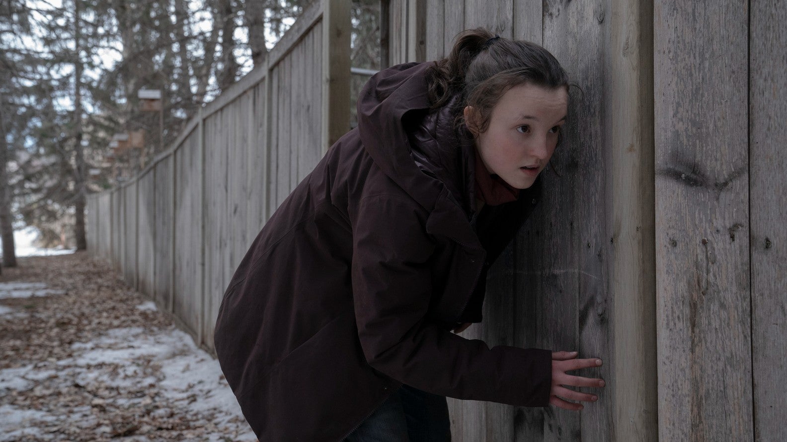 An image from HBO&rsquo;s The Last of Us TV show with Ellie looking stealthy.