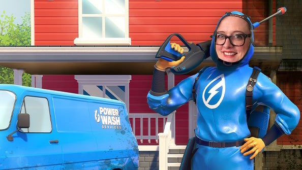 The PowerWash Simulator character in blue overalls, in front of a clean house and next to a clean blue van. Except, the face has been cut out and Ellie Gibson&rsquo;s face is there instead. Legend.