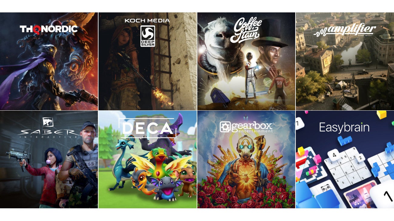 Logos and artwork for the eight operating groups under Embracer Group.