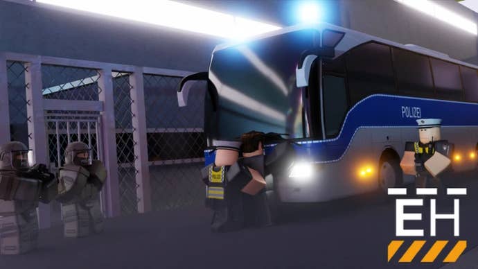 Artwork for the Roblox game Emergency Hamburg, showing Roblox characters standing by a German bus arresting someone.