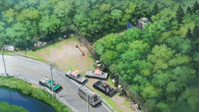 emio - the smiling man: famicom detective club official screenshot showing anime-style scene of police cars and an ambulance by a road and forest from above.