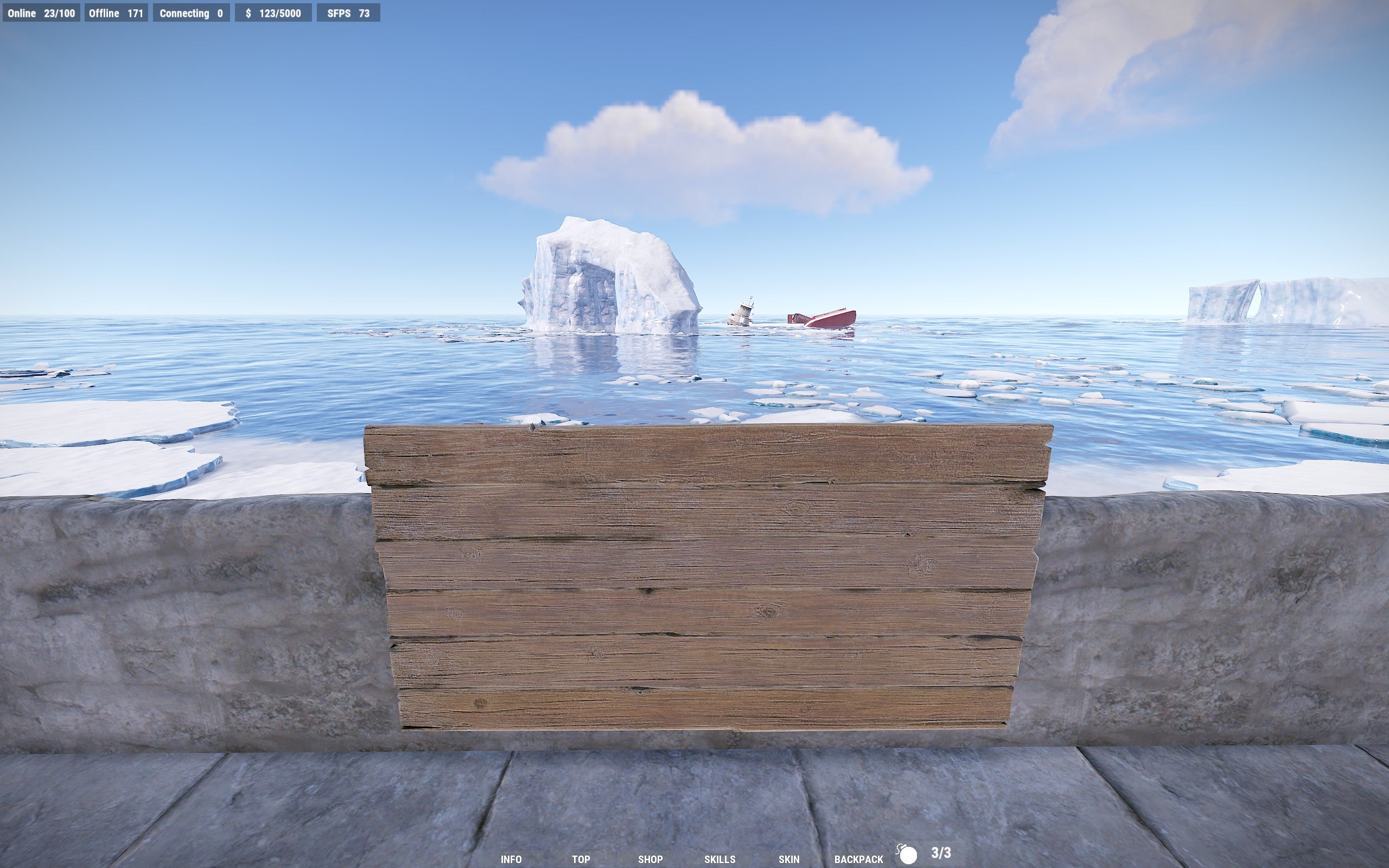 Looking out across frozen drifts of ice towards an iceberg in the game Rust. In the foreground is the side of a wooden platform and attached to it, a rectangular wooden board, which is what Emma uses as a canvas to paint on in the game. There&rsquo;s nothing on it yet, though.