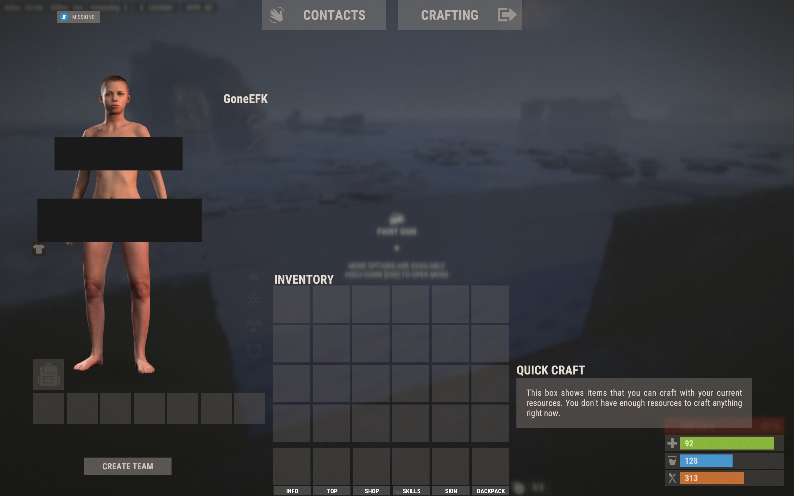 Emma&rsquo;s inventory screen in Rust, showing her character completely undressed with no equipment or items in her bag. It&rsquo;s all be stolen overnight while she slept.