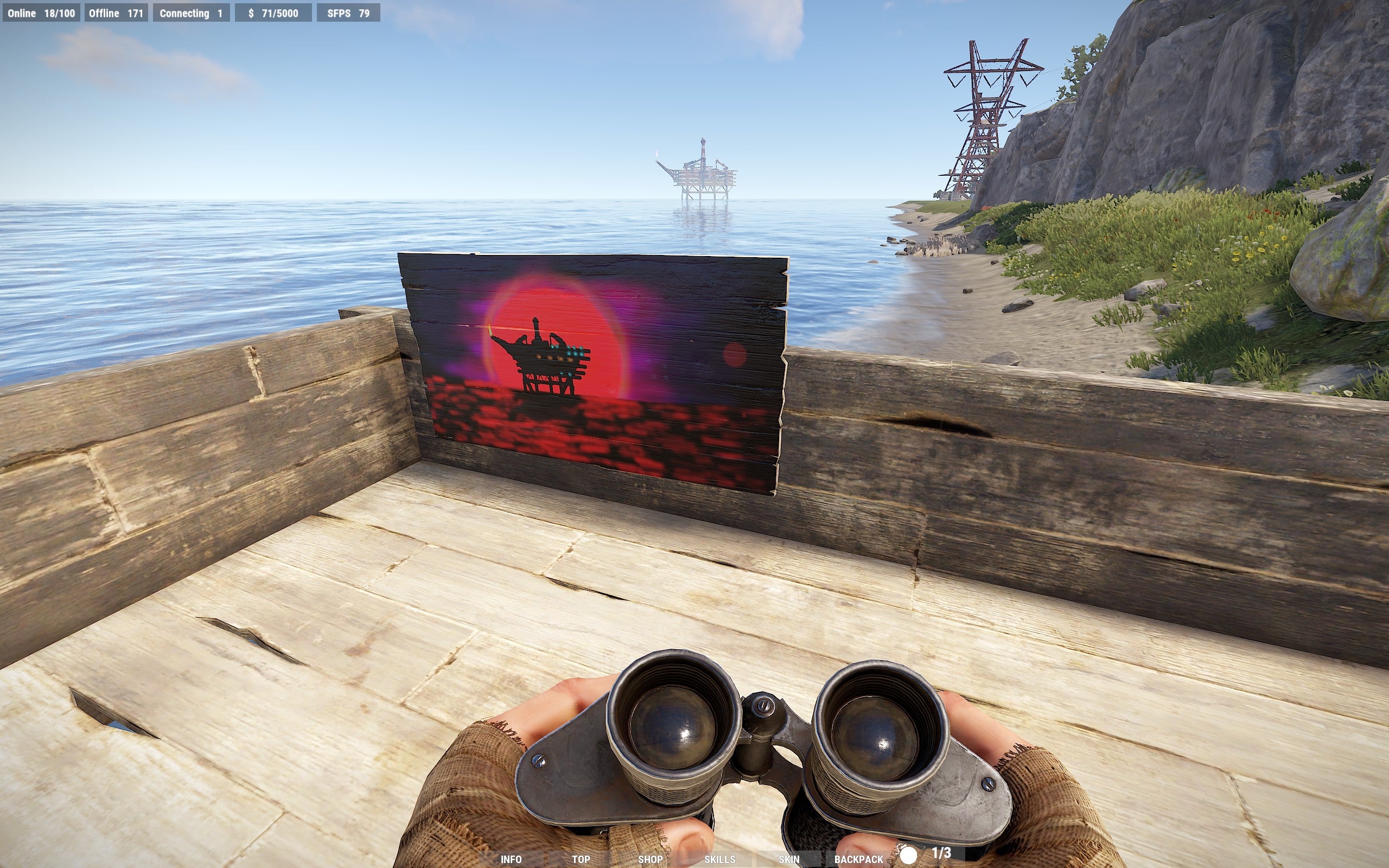 In the corner of a makeshift wooden platform in the game Rust, stands a painting Emma has just completed. It&rsquo;s of the oil rig we see in the distance, although she&rsquo;s depicted it at night time, lit and silhouetted by a deep red sun that&rsquo;s dipping into the sea behind it.