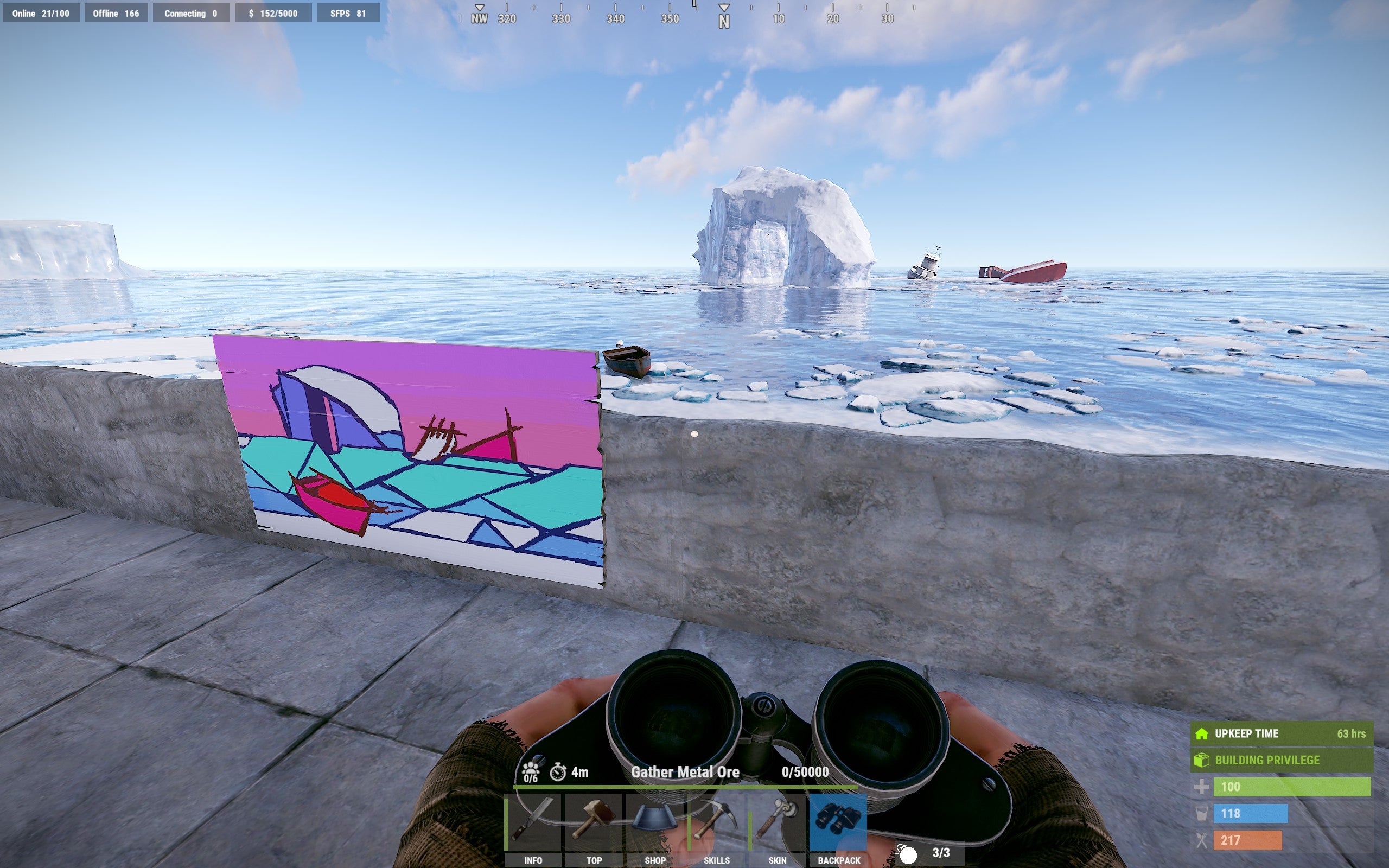 Looking out at iceberg scenery in Rust, while nearby, a finished landscape painting by Emma is attached to a wall. It shows pink-skied, abstract, colour-blocked interpretation of the scene. It&rsquo;s bright and eye-catching.