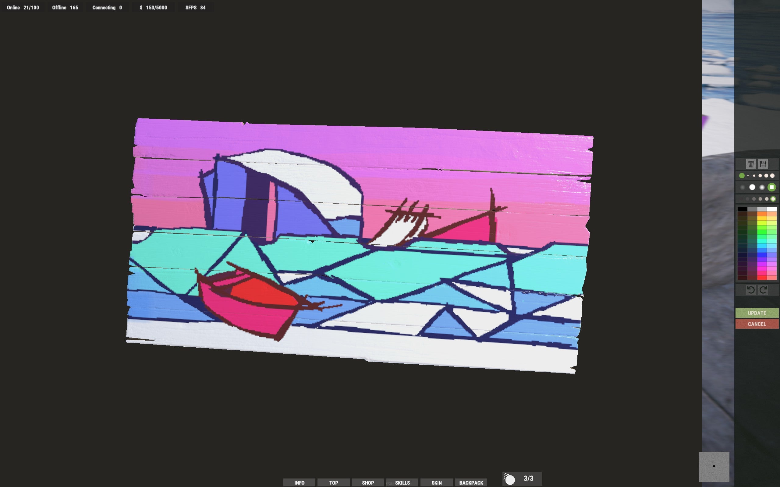 A close-up of Emma&rsquo;s abstract iceberg painting in Rust. Here we see the triangular, almost polygonal interpretation of the scene she sees before her. The colours are bright and cheerful. It&rsquo;s very effective.