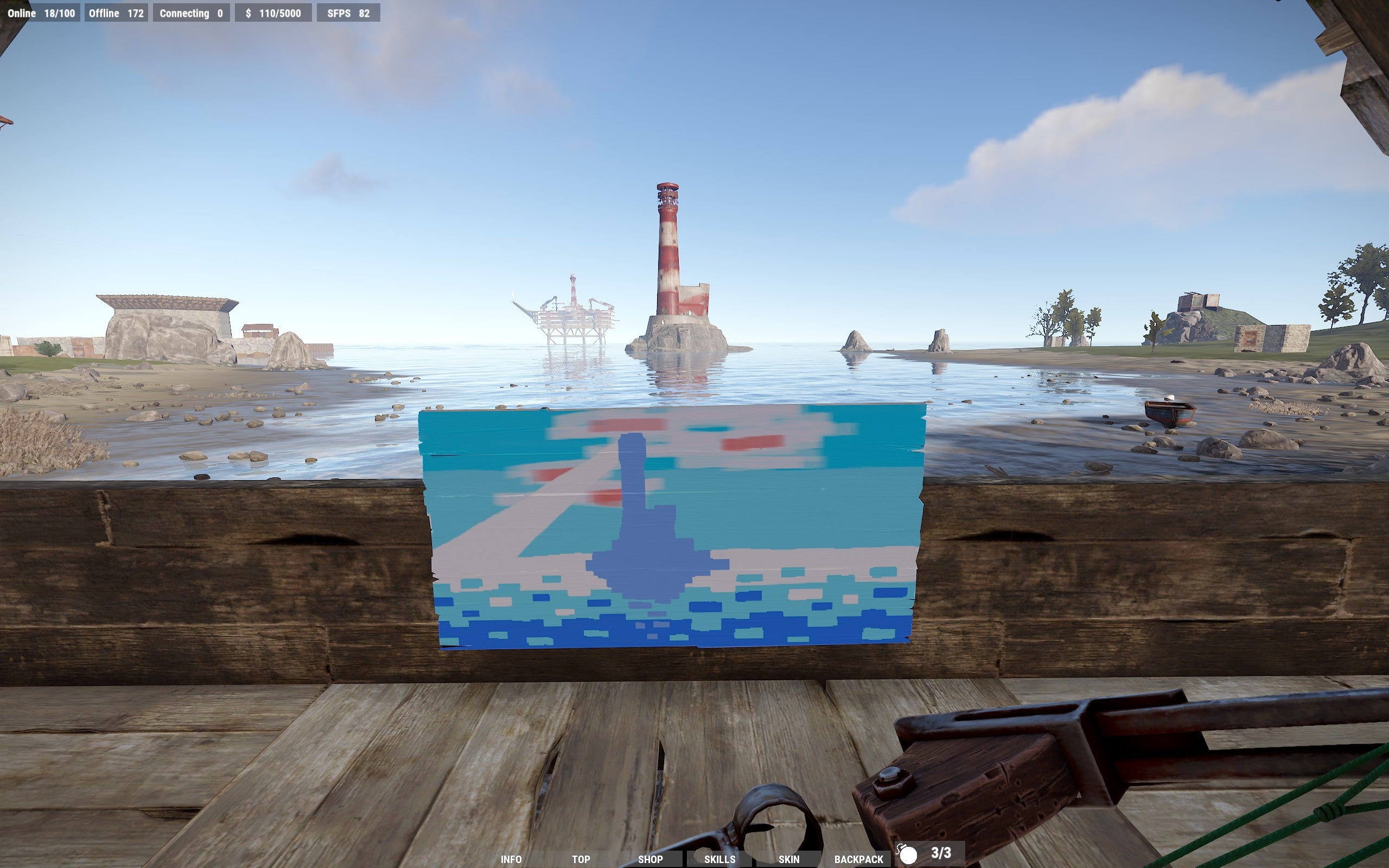 On another raised wooden platform in the game Rust, this time painting a picture of a lighthouse seen in the water ahead. By now, Emma&rsquo;s interpretation of a scene has - by virtue of the tools available - become slightly more abstract, so the canvas we see has a more daubed, chunky-lined image on it. It&rsquo;s also a pleasantly bright blue.