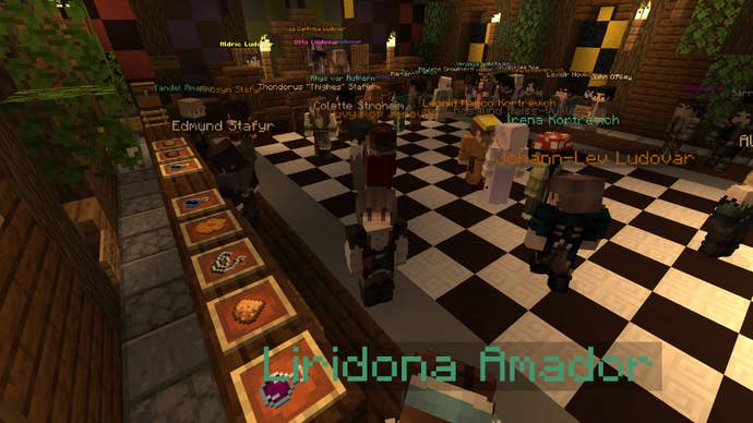 At a ball in Minecraft, inside a large building with a chequered black and white floor. Many characters are dancing.