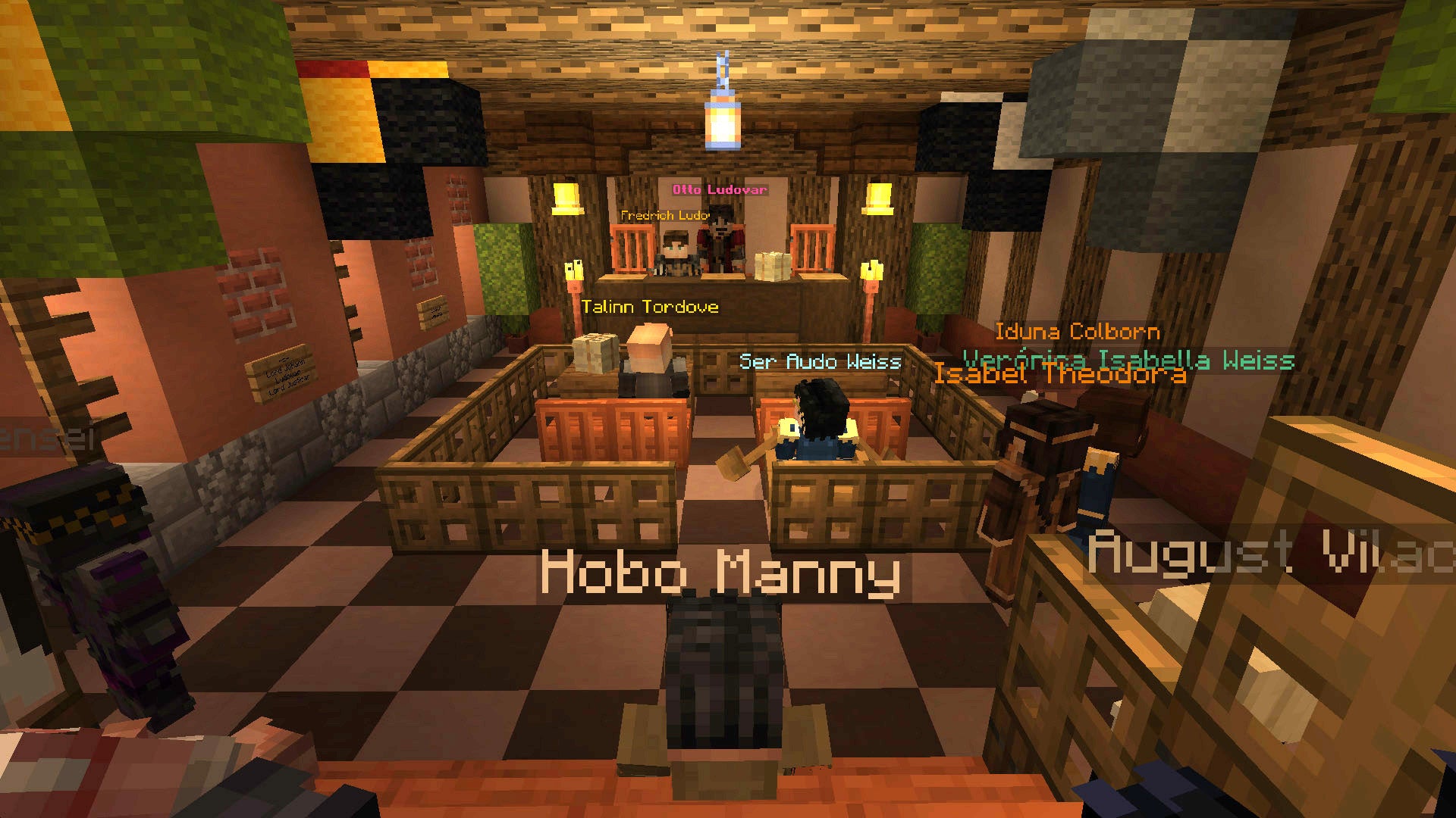A Minecraft interior, fashioned like a courtroom. Emma&rsquo;s character watches on as a foul-mouthed player is held trial.