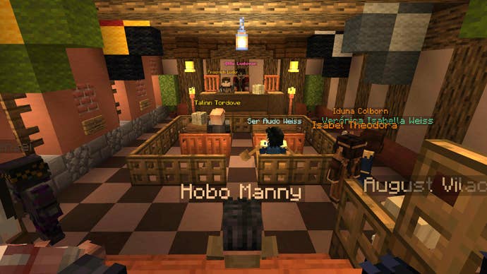 A Minecraft interior, fashioned like a courtroom. Emma’s character watches on as a foul-mouthed player is held trial.