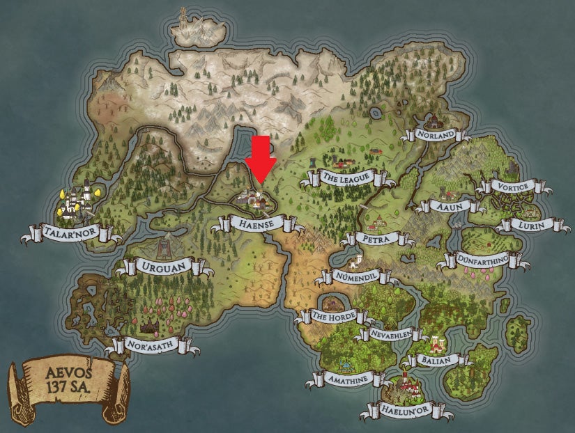 A fantasy-like map of the land of Aveos, a fictional place imaged for a Minecraft role-playing server.