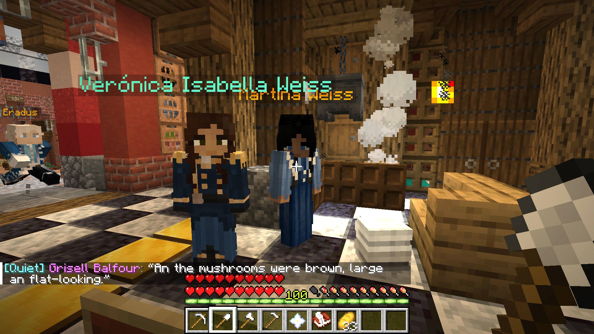 A Minecraft interior where two players, playing as doctors, interrogate Emma&rsquo;s character as she tells them she&rsquo;s been poisoned by mushrooms.