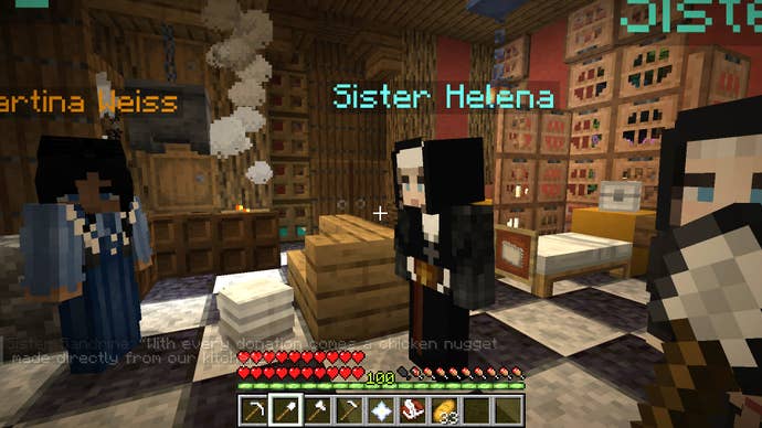 A Minecraft interior, where two players dressed and role-playing as nuns, walk into a ball - of the dancing kind - asking for donations.