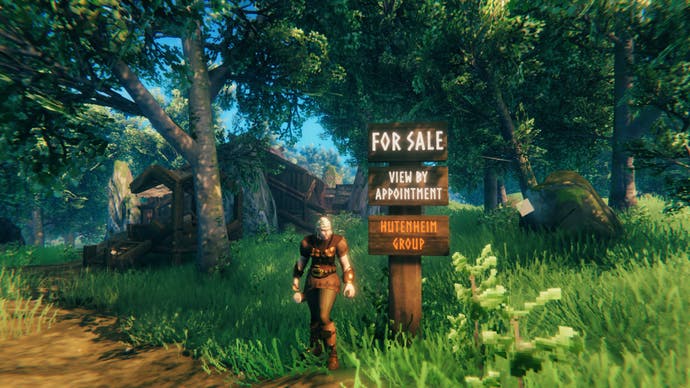 A Viking woman standing in front of a wooden sign that reads, "For sale, view by appointment only, Hutenheim Group."