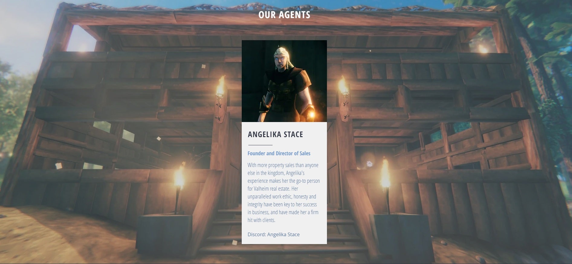 A small, boxed out picture and biography of Emma&rsquo;s Valheim estate agent Angelika Stace, taken from the Hutenheim Group website Emma created especially.