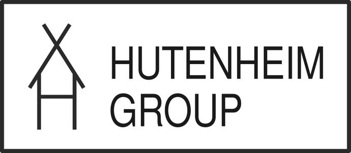 The Hutenheim Group logo, which resembles a small hut on stilts, and the words next to it.