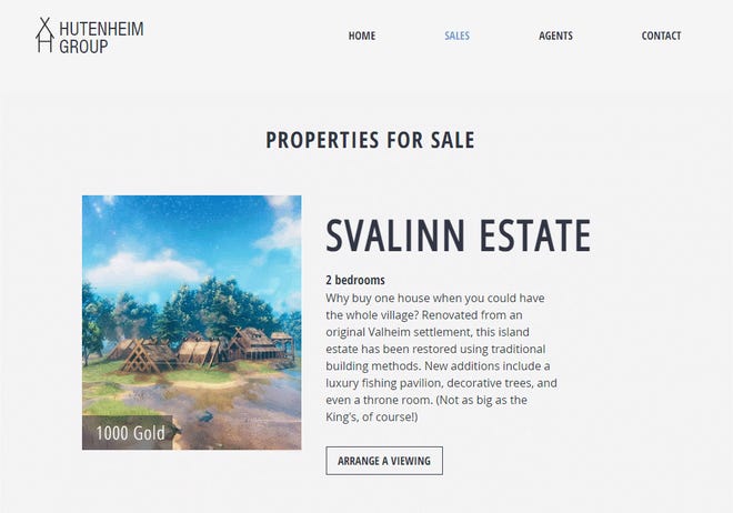 An animated gif showing the Hutenheim Group website Emma built to advertise her Valheim estate agents. It flicks through a gallery of property listings she has posted there.