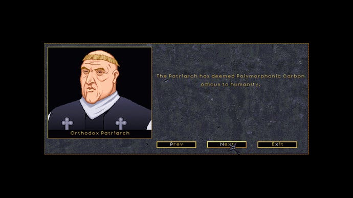 A message in Emperor Of The Fading Suns: the Orthodox Patriarch has deemed polymorphic carbon odious to humanity